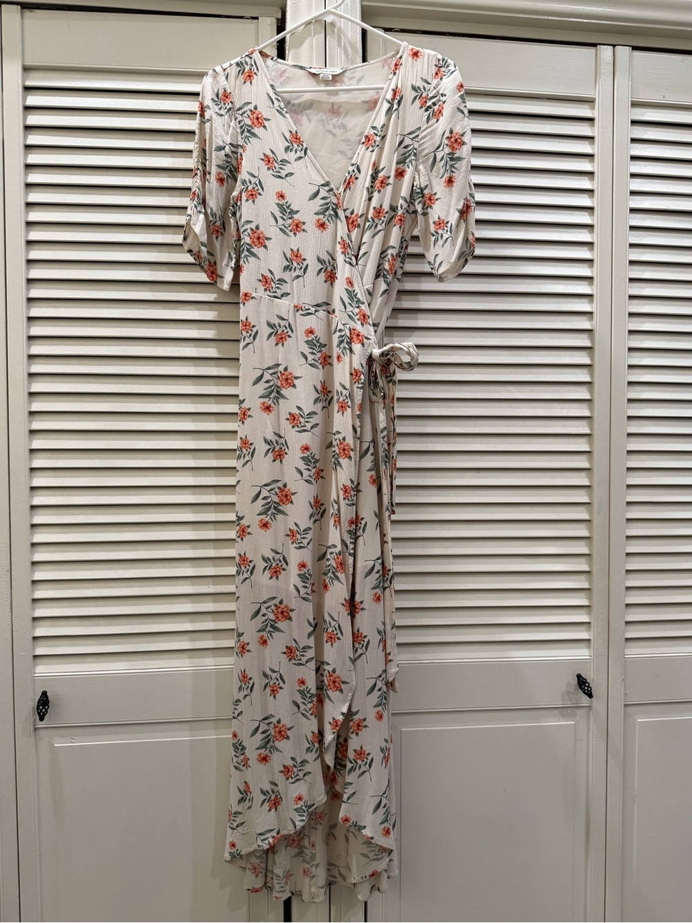 American Eagle Outfitters Cream Maxi Wrap Dress with Orange Floral Print